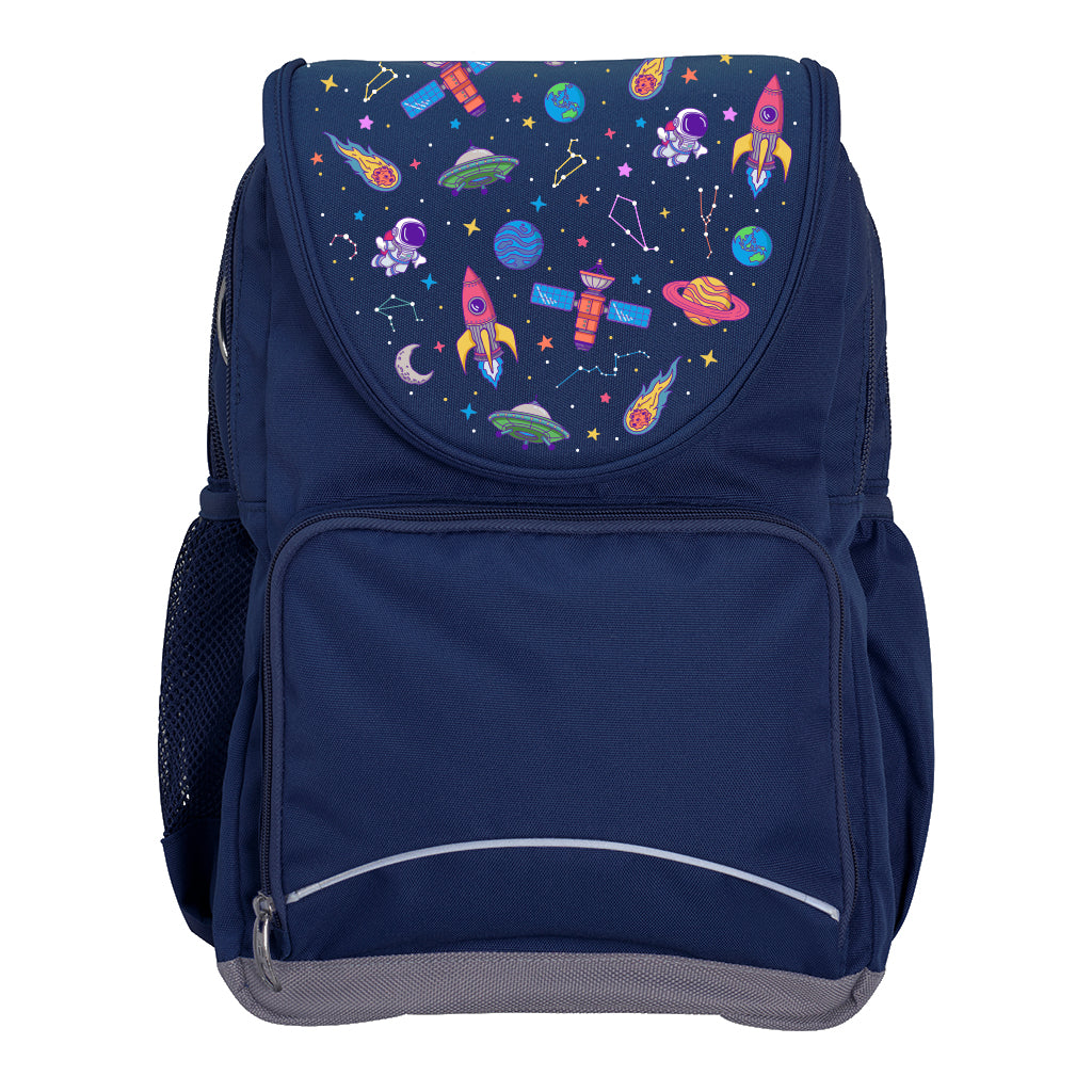 Harlequin Ergo Tuff-Pack backpack in Navy with Galaxy Girl design from the Harlequin Creatix signature series. Front view showcasing two zipper compartments, reflective piping, front zipper pocket and front of flap.