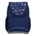 Harlequin Ergo Tuff-Pack backpack in Navy with Galaxy Girl design from the Harlequin Creatix signature series. Front view showcasing two zipper compartments, reflective piping, front zipper pocket and front of flap.