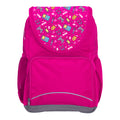 Harlequin Ergo Tuff-Pack backpack in Pink with Pixel Chick design from the Harlequin Creatix signature series. Front view showcasing two zipper compartments, reflective piping, front zipper pocket and front of flap.