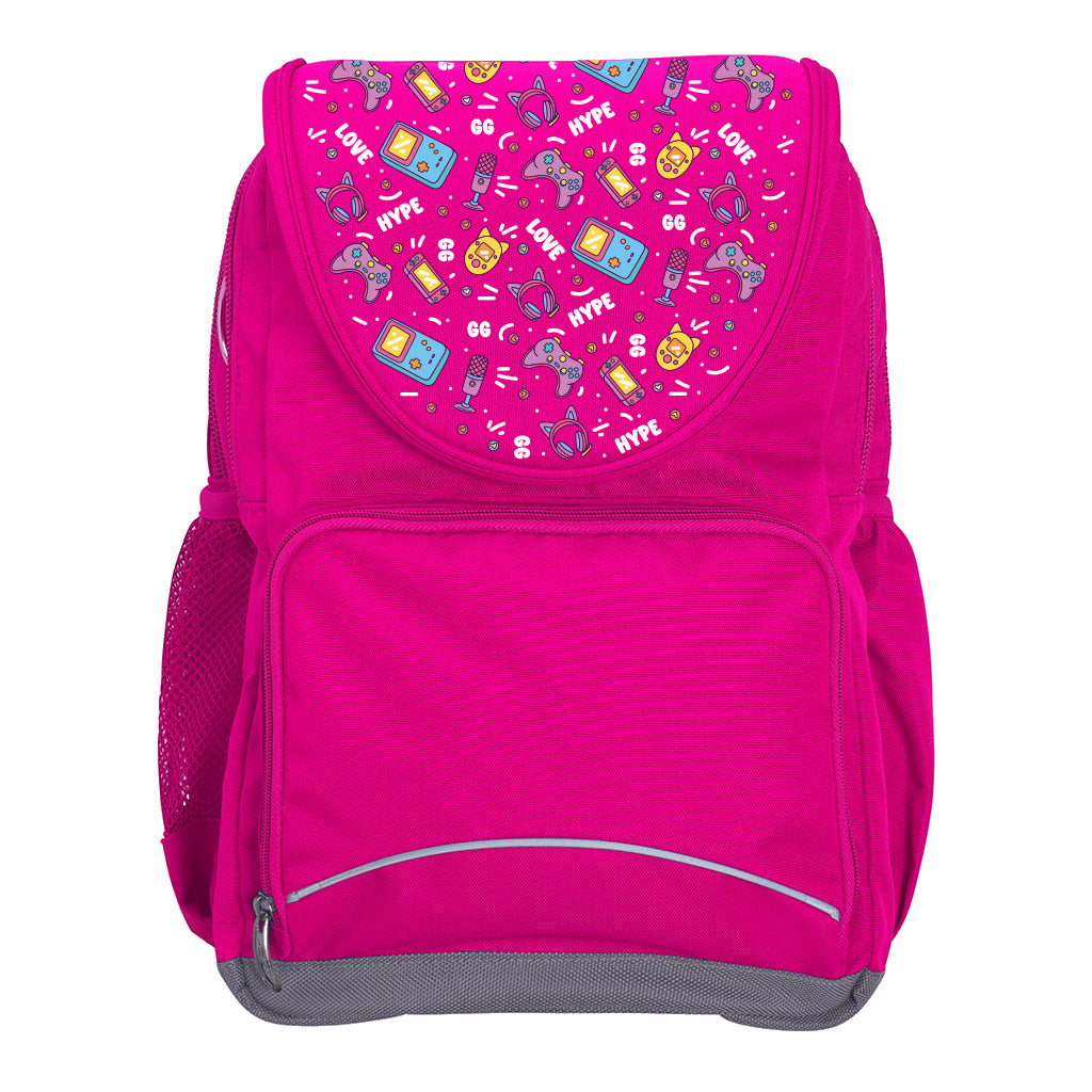 Harlequin Ergo Tuff-Pack backpack in Pink with Pixel Chick design from the Harlequin Creatix signature series. Front view showcasing two zipper compartments, reflective piping, front zipper pocket and front of flap.
