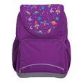 Harlequin Ergo Tuff-Pack backpack in Purple with Galaxy Girl design from the Harlequin Creatix signature series. Front view showcasing two zipper compartments, reflective piping, front zipper pocket and front of flap.