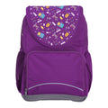 Harlequin Ergo Tuff-Pack backpack in Purple with Pixel Chick design from the Harlequin Creatix signature series. Front view showcasing two zipper compartments, reflective piping, front zipper pocket and front of flap.
