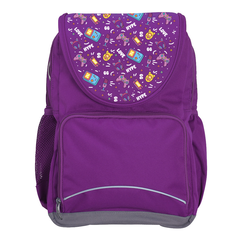 Harlequin Ergo Tuff-Pack backpack in Purple with Pixel Chick design from the Harlequin Creatix signature series. Front view showcasing two zipper compartments, reflective piping, front zipper pocket and front of flap.