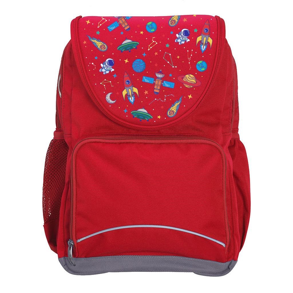 Harlequin Ergo Tuff-Pack backpack in Red featuring Galaxy Boy design from the Harlequin Creatix signature series. Front view showing the front zipper pocket and detachable flap.