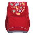 Harlequin Ergo Tuff-Pack backpack in Red with Jurassic design from the Harlequin Creatix signature series. Front view showcasing two zipper compartments, reflective piping, front zipper pocket and front of flap.