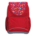 Harlequin Ergo Tuff-Pack backpack in Red with Pixel Chick design from the Harlequin Creatix signature series. Front view showcasing two zipper compartments, reflective piping, front zipper pocket and front of flap.