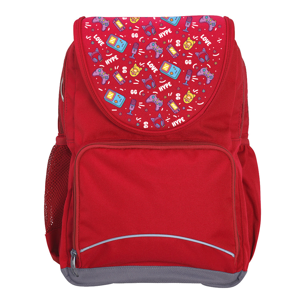 Harlequin Ergo Tuff-Pack backpack in Red with Pixel Chick design from the Harlequin Creatix signature series. Front view showcasing two zipper compartments, reflective piping, front zipper pocket and front of flap.