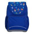Harlequin Ergo Tuff-Pack backpack in Royal Blue featuring Galaxy Boy design from the Harlequin Creatix signature series. Front view showing the front zipper pocket and detachable flap.
