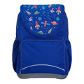 Harlequin Ergo Tuff-Pack backpack in Royal Blue with Galaxy Girl design from the Harlequin Creatix signature series. Front view showcasing two zipper compartments, reflective piping, front zipper pocket and front of flap.