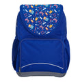 Harlequin Ergo Tuff-Pack backpack in Royal Blue with Pixel Chick design from the Harlequin Creatix signature series. Front view showcasing two zipper compartments, reflective piping, front zipper pocket and front of flap.