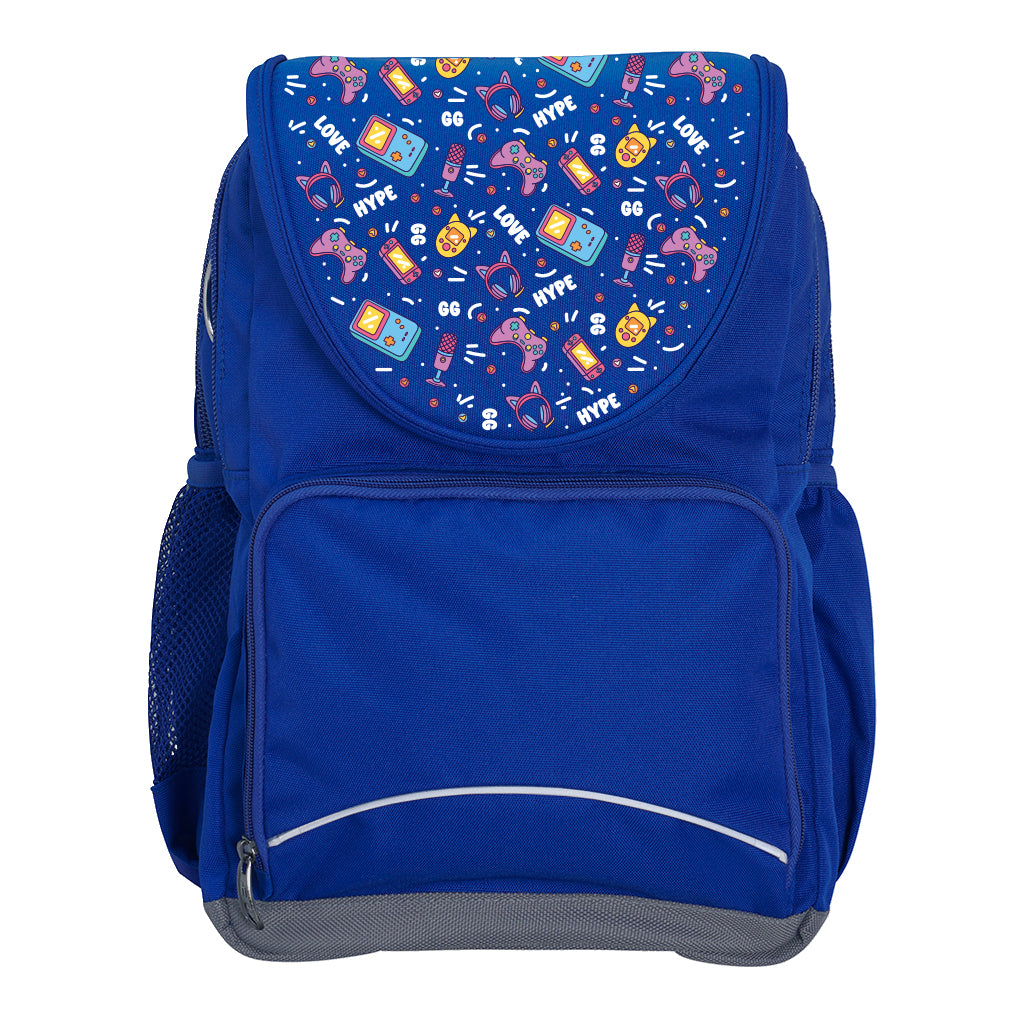 Harlequin Ergo Tuff-Pack backpack in Royal Blue with Pixel Chick design from the Harlequin Creatix signature series. Front view showcasing two zipper compartments, reflective piping, front zipper pocket and front of flap.