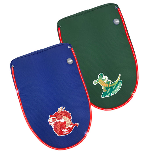 Personalised designs on royal blue and bottle green detachable flap lined with LED lighting