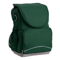 Caboolture State High School Ergo Tuff-Pack backpack Green. Front side angle, padded shoulder straps, two zipper compartments, front zipper pocket, D-Ring and mesh water bottle.