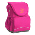 Harlequin Ergo Tuff-Pack shown in pink, side angle, with front pocket, drink bottle holder and Nashville State School logo on the flap.