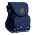 Harlequin Ergo Tuff-Pack shown in navy blue, side angle showing front pocket, drink bottle holder and the Nashville State School logo on the flap.