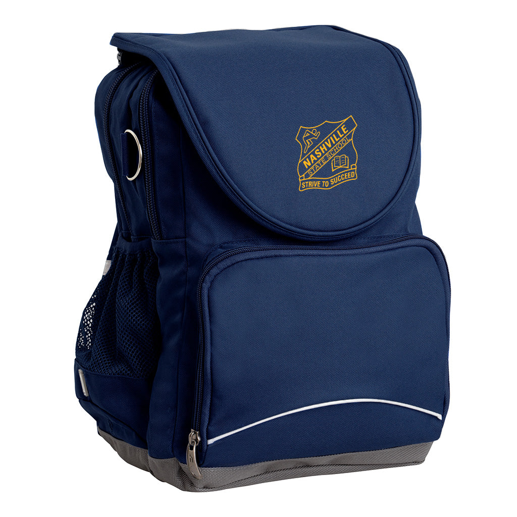 Harlequin Ergo Tuff-Pack shown in navy blue, side angle showing front pocket, drink bottle holder and the Nashville State School logo on the flap.