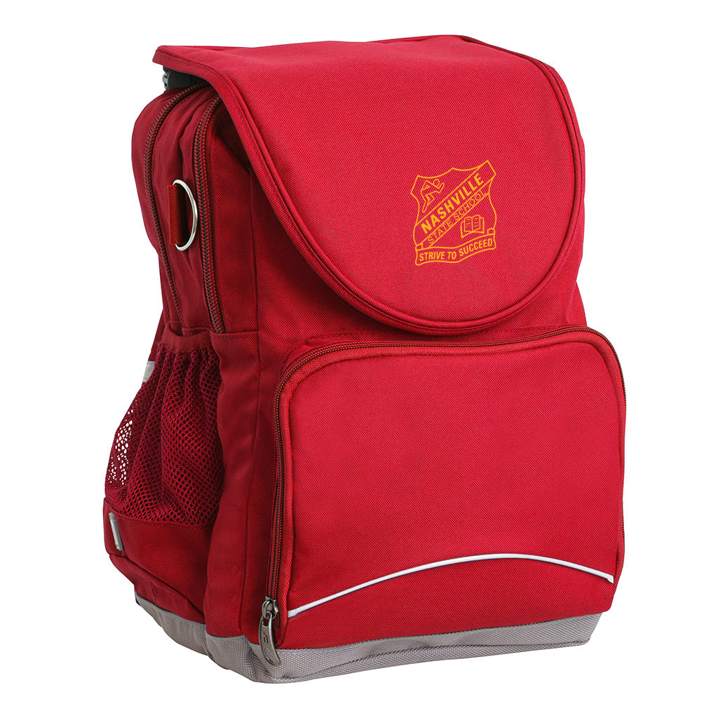  Harlequin Ergo Tuff-Pack shown in Red, side angle and front pocket, drink bottle holder and Nashville State School logo on the flap.