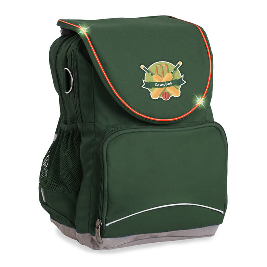 Harlequin VIVID Light-Up Ergo School Backpack shown in bottle green, side angle and front with a personalised design