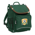 Harlequin VIVID Mighty in Green front side angle displaying carry handle, padded shoulder straps, top zipper compartment with flashing LED , front zipper pocket, headphone port and mesh water bottle holder and personalisation on the front 