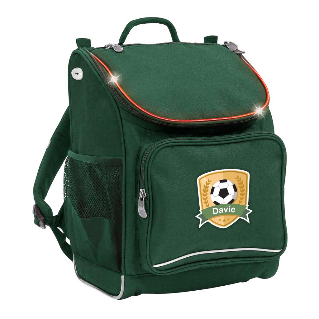 Harlequin VIVID Mighty in Green front side angle displaying carry handle, padded shoulder straps, top zipper compartment with flashing LED , front zipper pocket, headphone port and mesh water bottle holder and personalisation on the front 