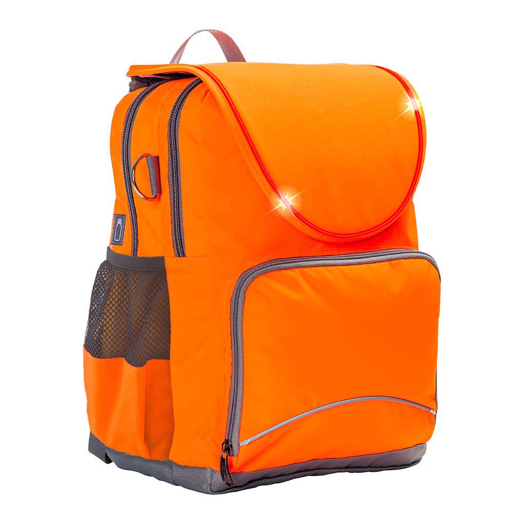 Harlequin VIVID Ergo Tuff-Pack shown in hi-viz orange, side angle and front pocket.