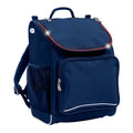 Harlequin VIVID Mighty in Navy Blue front side angle displaying carry handle, padded shoulder straps, top zipper compartment with flashing LED , front zipper pocket, headphone port and mesh water bottle holder