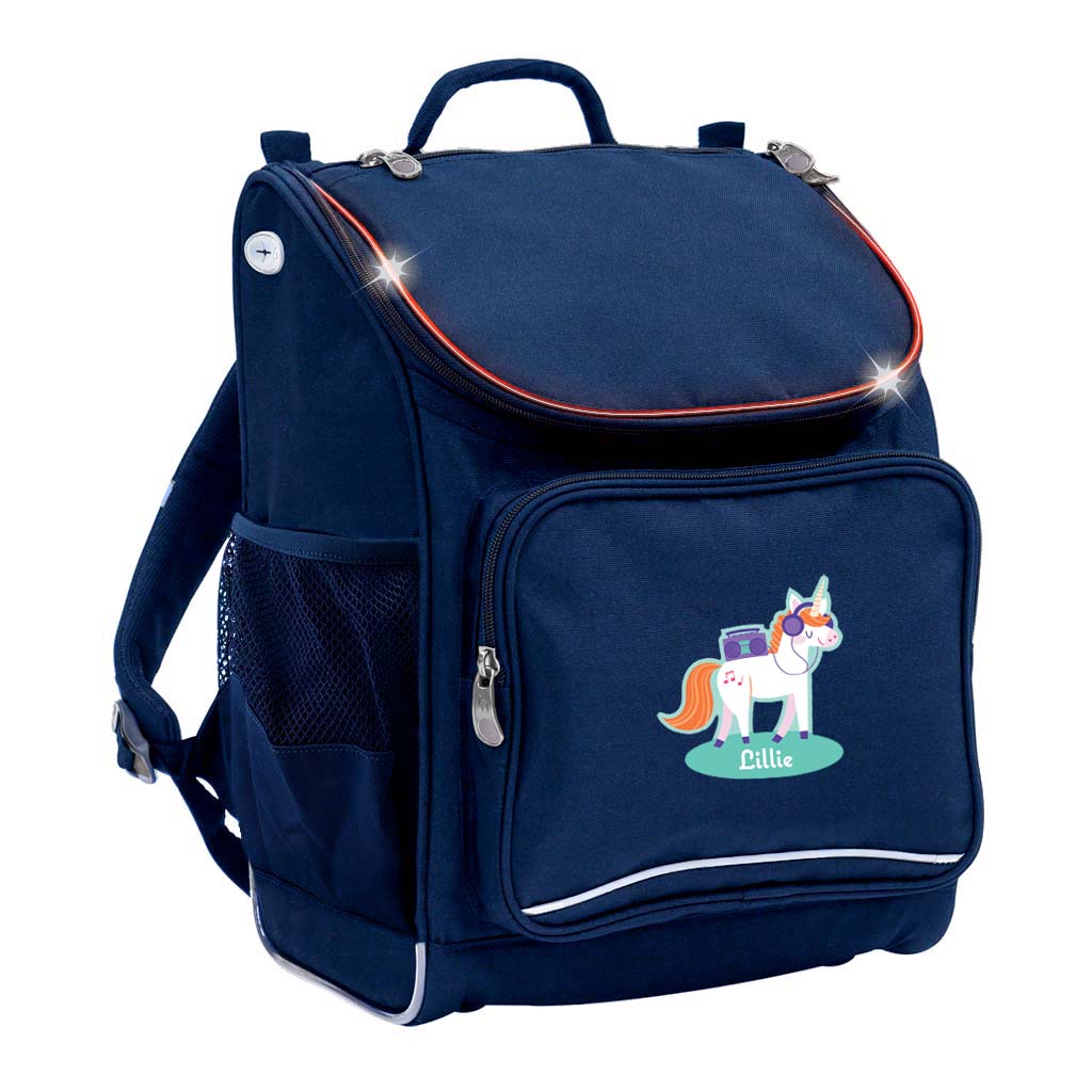Harlequin VIVID Mighty in Navy front side angle displaying carry handle, padded shoulder straps, top zipper compartment with flashing LED , front zipper pocket, headphone port and mesh water bottle holder and personalisation on the front 