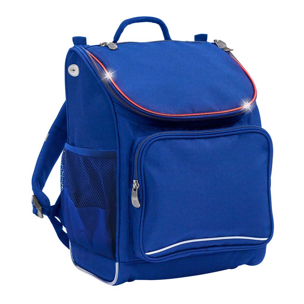Harlequin VIVID Mighty in Royal Blue front side angle displaying carry handle, padded shoulder straps, top zipper compartment with flashing LED, front zipper pocket, headphone port and mesh water bottle holder