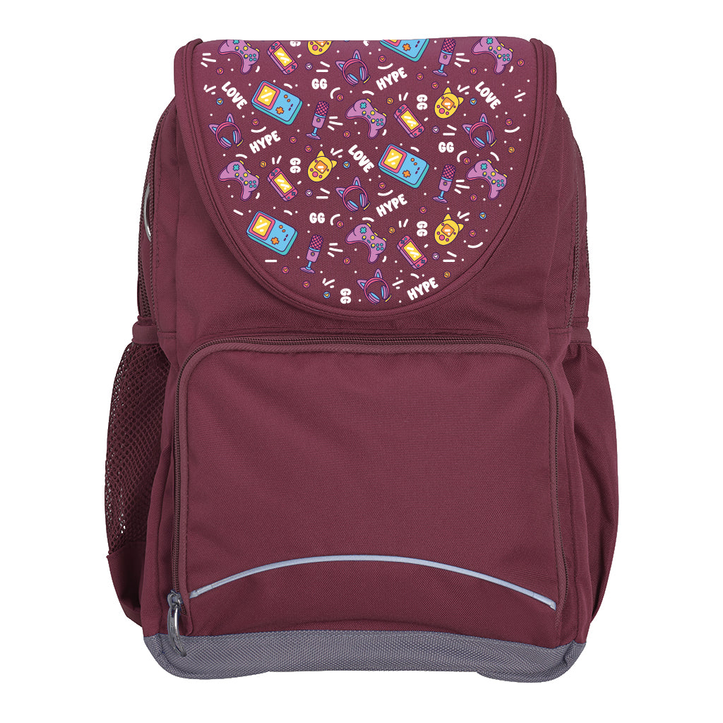 Harlequin Ergo Tuff-Pack backpack in Maroon with Pixel Chick design from the Harlequin Creatix signature series. Front view showcasing two zipper compartments, reflective piping, front zipper pocket and front of flap.
