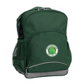Ferny Hills State School front angle view of the Kindy Backpack in colour  Bottle Green featuring a small front pocket, spacious main compartment with D-ring keychain, detachable shoulder strap, mesh water bottle pocket, and reflective piping for visibility