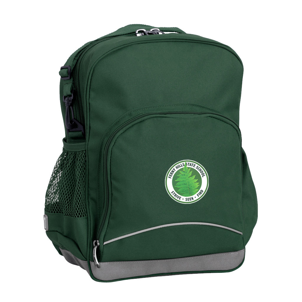 Ferny Hills State School front angle view of the Kindy Backpack in colour  Bottle Green featuring a small front pocket, spacious main compartment with D-ring keychain, detachable shoulder strap, mesh water bottle pocket, and reflective piping for visibility