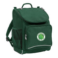 Mighty backpack in colour Green, front side angle displaying carry handle, padded shoulder straps, top zipper compartment, front zipper pocket and mesh water bottle holder with Ferny Hills State School logo