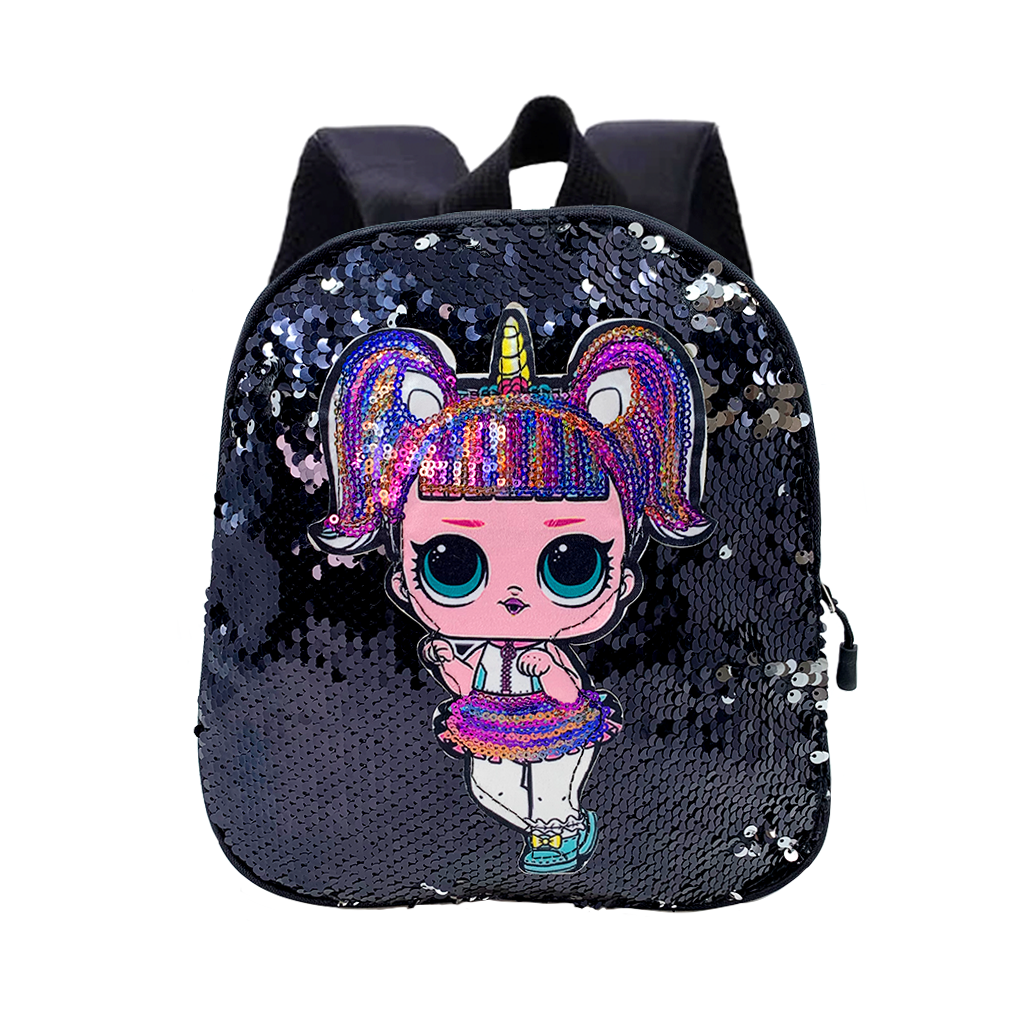 Black Sequins Mini Backpack with Pink Disco Doll design - front view