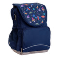 Harlequin Ergo Tuff-Pack backpack in Navy with Galaxy Girl design from the Harlequin Creatix signature series. Front side angle, padded shoulder straps, two zipper compartments, front zipper pocket, D-Ring and mesh water bottle.