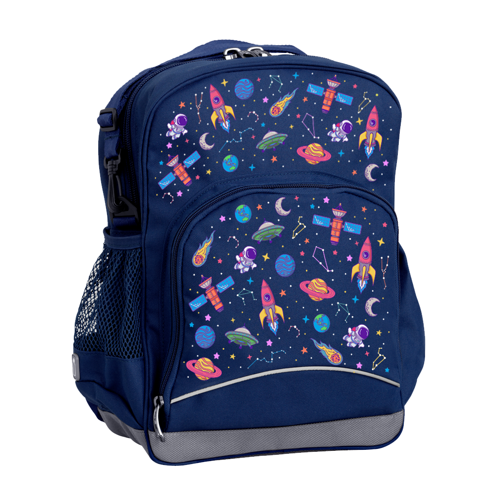 Harlequin Kindy Tuff-Pack Junior Backpack in Navy with Galaxy Girl design from the Harlequin Creatix signature series. Angled view showing front pocket, drink bottle pocket, and ergonomic shoulder strap.