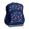 Harlequin Kindy Tuff-Pack Junior Backpack in Navy with Galaxy Girl design from the Harlequin Creatix signature series. Angled view showing front pocket, drink bottle pocket, and ergonomic shoulder strap.