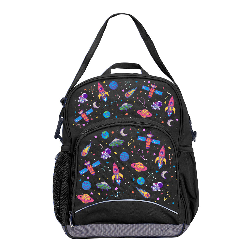 Harlequin Kindy Tuff-Pack in Black. Front view showing a small front pocket with the Galaxy Girl design from the Harlequin Creatix signature series.