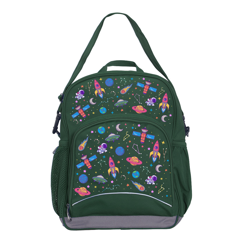 Harlequin Kindy Tuff-Pack in Green. Front view showing a small front pocket with the Galaxy Girl design from the Harlequin Creatix signature series.