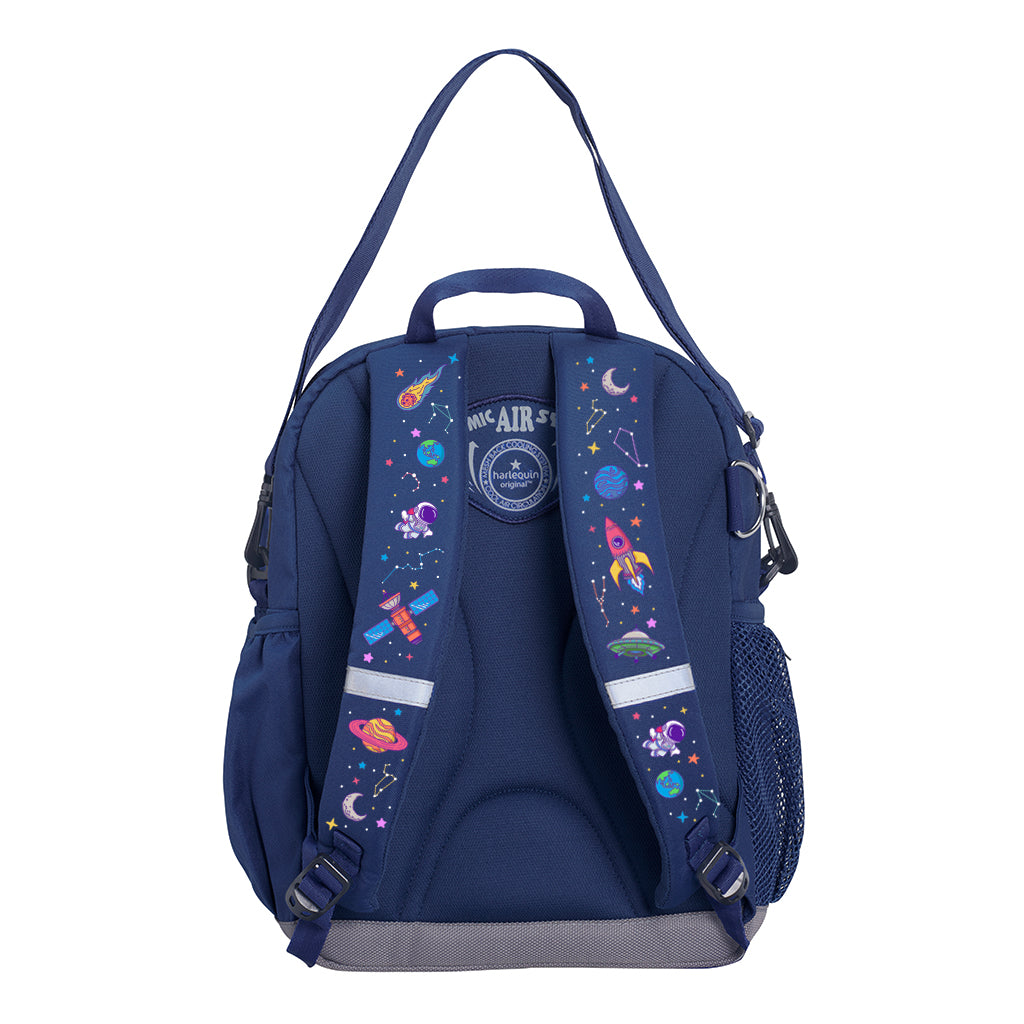 Harlequin Kindy Tuff-Pack in Navy with Galaxy Girl design from the Harlequin Creatix Signature Series. Back view showcasing parent strap, padded shoulder straps, and Reinforced D-Ring holder.
