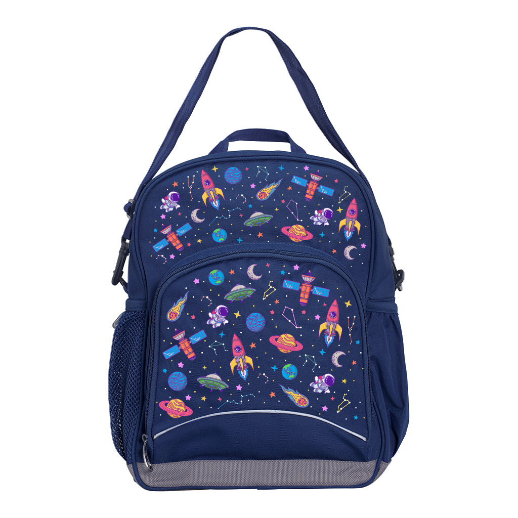 Harlequin Kindy Tuff-Pack in Navy. Front view showing a small front pocket with the Galaxy Girl design from the Harlequin Creatix signature series.