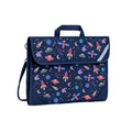 Harlequin Safety Library bag in Navy with Galaxy Girl design from the Harlequin Creatix Signature Series. Front angle view displaying carry handle, easy open velcro strap, reflector safety strip, reinforced corners and shoulder strap.