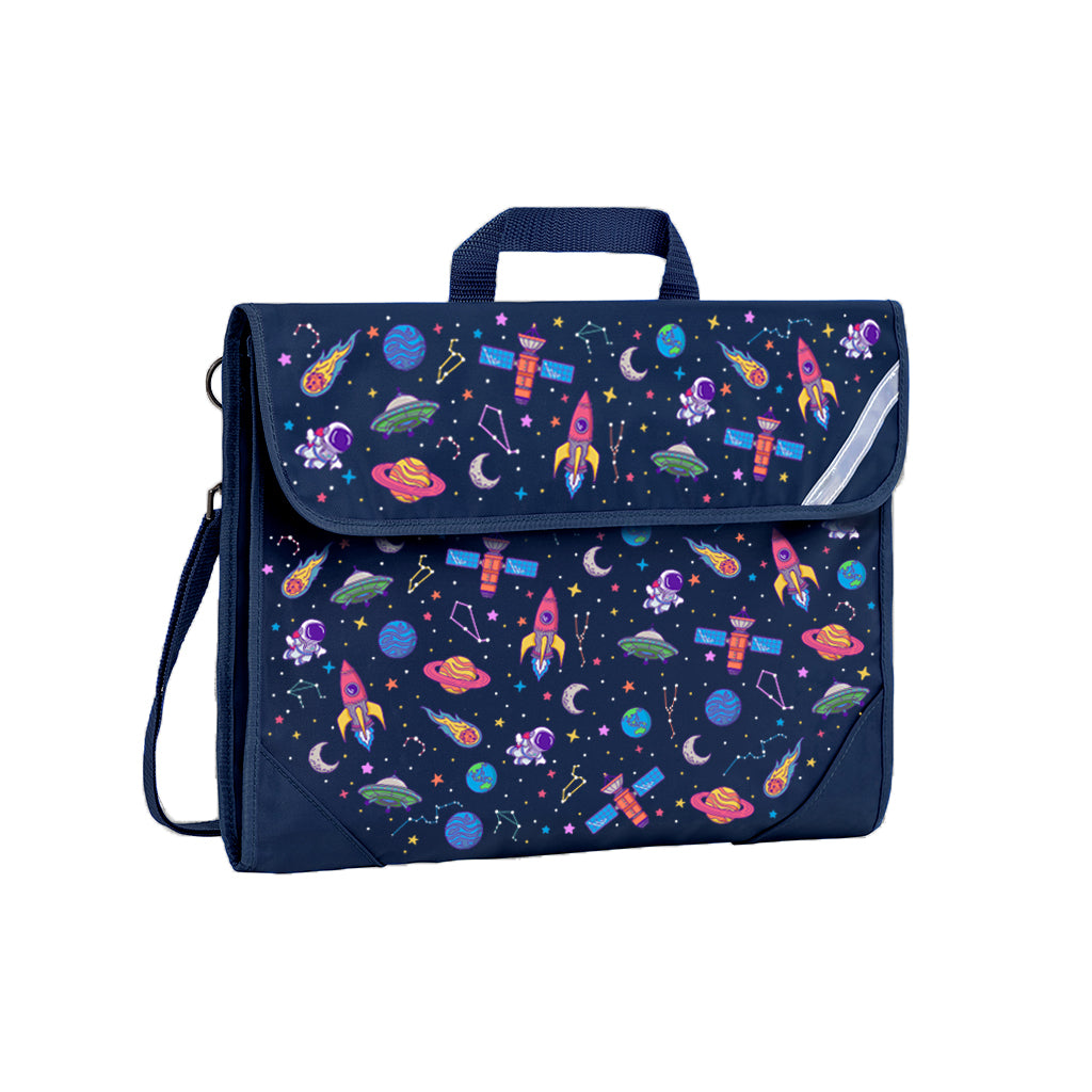 Harlequin Safety Library bag in Navy with Galaxy Girl design from the Harlequin Creatix Signature Series. Front angle view displaying carry handle, easy open velcro strap, reflector safety strip, reinforced corners and shoulder strap.