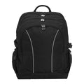Black backpack with contoured front view with zippers, handle, buckles and three pockets