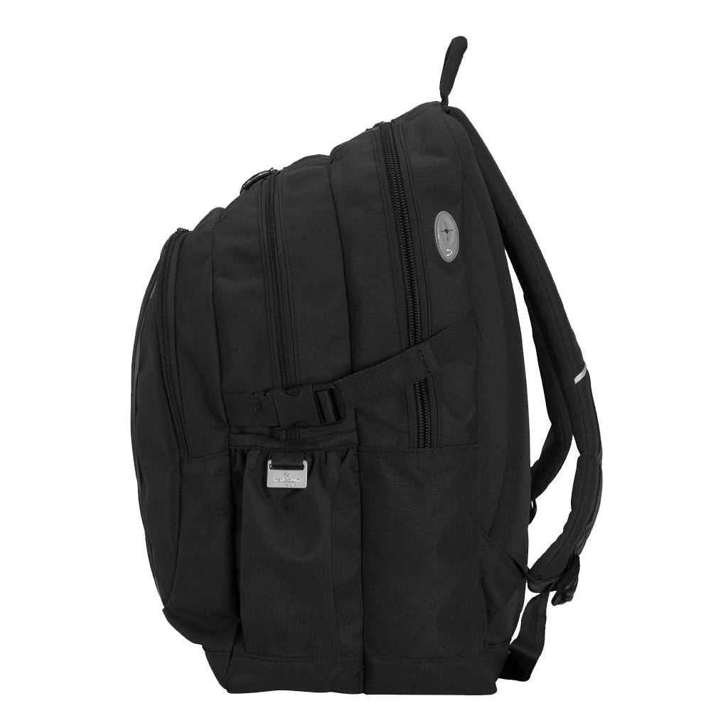 Black backpack side view with zippers, buckles, side pocket and earphone loop
