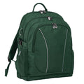 Bottle Green backpack front angle view with zippers, buckles and three pockets