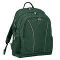 Bottle Green backpack front angle view with zippers, buckles and three pockets