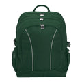 Bottle green backpack with contoured front view with zippers, handle, buckles and three pockets