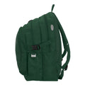 Bottle Green backpack side view with zippers, buckles, side pocket and earphone loop