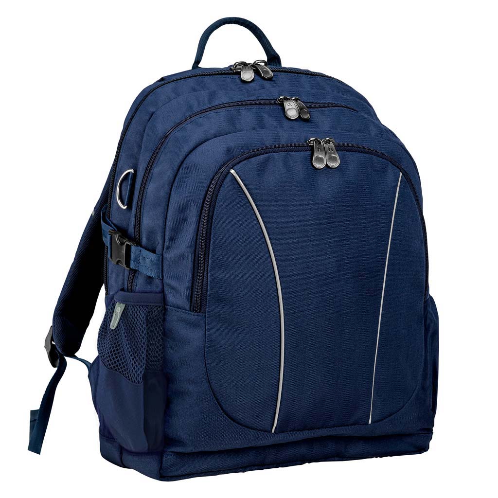 Navy backpack front angle view with zippers, buckles and three pockets