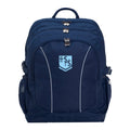 Holroyd High School front angle view of the Genius Backpack in colour Navy, featuring anatomical zippers, buckles, three pockets, reflective piping, retractable side support straps, water bottle pocket, and D-ring keychain holder